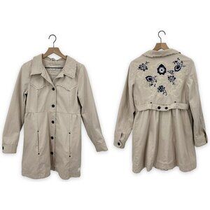 Odd Molly Trench Coat Beige Cotton Embroidered Back Ruched Belted Size Small